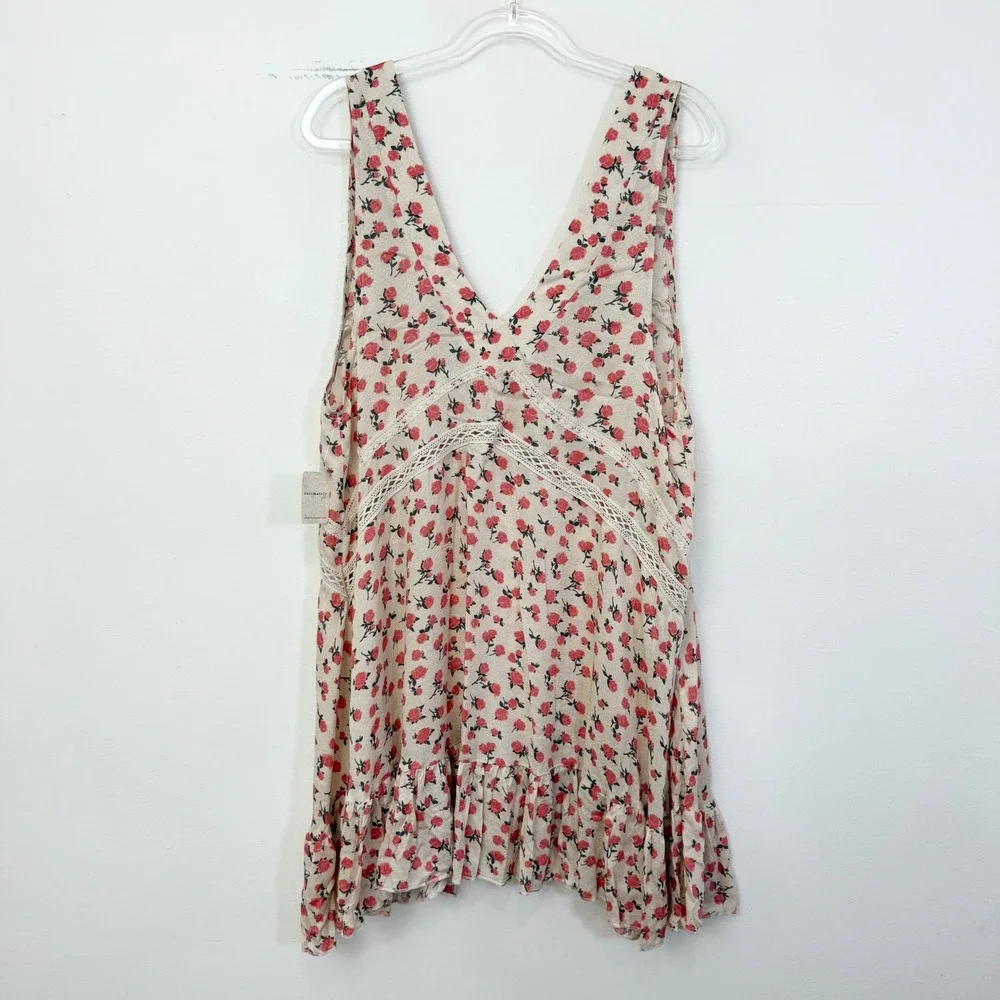 Free People Let It Happen Floral Mini Dress Lace Ruffle Hem Size Large
